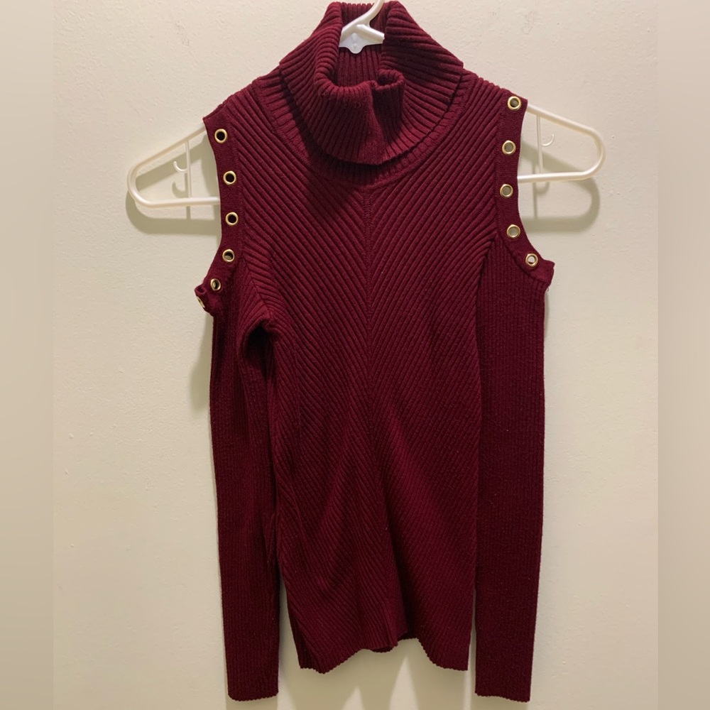 Open Shoulder Burgundy Turtleneck Sweater